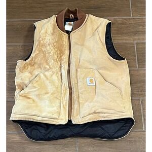 Vintage Carhartt V01 Duck Canvas Arctic Vest Tan Distressed Mens Size Large